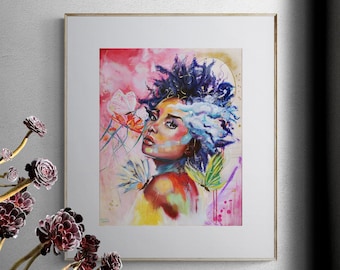 Mujer afro/ Arte negro/ Arte pop Mujer afro/ Arte negro Decoración de pared bohemia/ Decoración moderna del hogar/ Art déco/ Arte de mujer rosa/