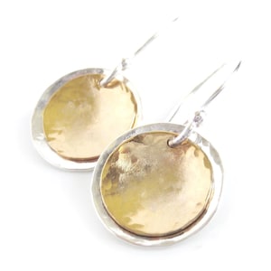Sterling Silver & 14k Gold Fill Earrings · Small Hammered Mixed Metal Disc Dangle Earrings · Silver Gold Lunar Eclipse