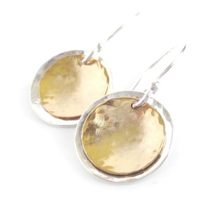 Mixed Metal Sterling Silver & Gold Earrings, Small Hammered Silver and Gold Dangle Earrings, Circle Disc Lunar Eclipse Jewelry Gift for Her