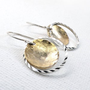 Mixed Metal Gold & Silver Earrings, Small Hoop Hammered Dangle Earrings, Sterling Silver Gold Fill Disc Lightweight Minimalist Jewelry Gift