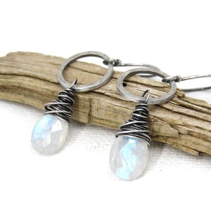 Moonstone Earrings, Sterling Silver Dangle Earrings, Minimalist Hammered Silver Rainbow Moonstone Jewelry, June Birthstone Birthday Gift