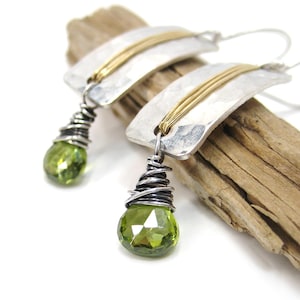 Peridot Earrings · Sterling Silver & Gold Mixed Metal Hammered Rectangle Dangle Earrings · August Birthstone