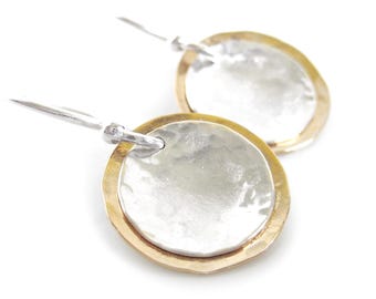 14k Gold Fill & Sterling Silver Earrings · Small Hammered Mixed Metal Disc Dangle Earrings · Gold Silver Solar Eclipse