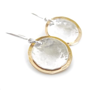 Mixed Metal Gold & Sterling Silver Earrings, Small Hammered Silver and Gold Dangle Earrings, Circle Disc Solar Eclipse Minimalist Jewelry