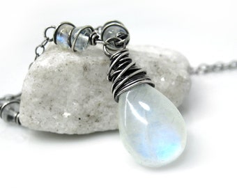 Moonstone Necklace, Sterling Silver Rainbow Moonstone Pendant, Gemstone Jewelry Gift, Blue Moon Stone Wire Wrapped Silver Moonstone Jewelry