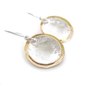 Mixed Metal Gold & Sterling Silver Earrings, Small Hammered Silver and Gold Dangle Earrings, Circle Disc Solar Eclipse Minimalist Jewelry