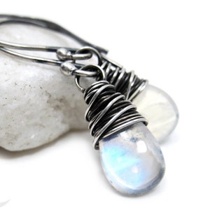 Moonstone Earrings, Sterling Silver Rainbow Moonstone Dangle Earrings, Petite Wire Wrapped Blue Moon Stone, June Birthday Birthstone Jewelry