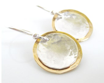 Mixed Metal Gold & Sterling Silver Earrings, Solar Eclipse Earrings, Small Hammered Dangle Earrings, 14k Gold Fill Celestial Eclipse Jewelry