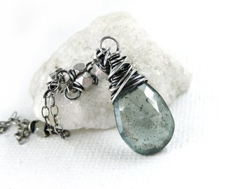 Moss Aquamarine Necklace, Sterling Silver Aquamarine Pendant, March Birthday Birthstone Jewelry, Oxidized Silver Aqua Genuine Gemstone Gift