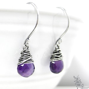 Dainty Amethyst Earrings · Small Sterling Silver Wire Wrapped Purple Amethyst Dangle Earrings · February Birthstone Jewelry