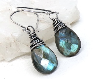 Labradorite Earrings, Sterling Silver Dangle Earrings, Green Blue Flash Labradorite Earrings, Wire Wrapped Genuine Labradorite Jewelry Gift
