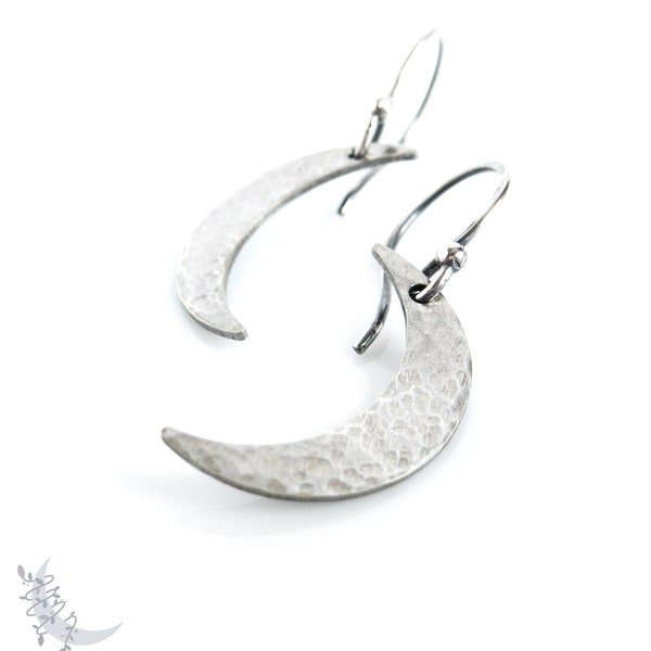 Moon Earrings, Sterling Silver Hammered Crescent Moon Dangle Earrings, Antiqued Silver Minimalist Boho Celestial Lunar Eclipse Moon Jewelry