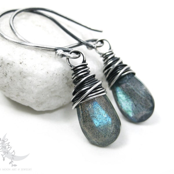 Labradorite Earrings, Sterling Silver Dangle Earrings, Green Blue Labradorite Petite Earrings, Wire Wrapped Genuine Labradorite Jewelry Gift