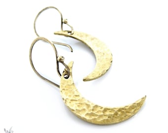 Moon Earrings, Raw Brass Hammered Crescent Moon Dangle Earrings, Lunar Minimalist Boho Celestial Eclipse Earrings, Gold Moon Jewelry