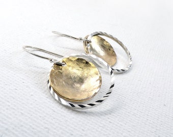 Mixed Metal Gold & Sterling Silver Earrings, Small Hoop Hammered Dangle Earrings, 14k Gold Fill Circle Minimalist Solar Eclipse Jewelry Gift