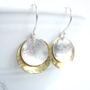 Mixed Metal Brass & Sterling Silver Earrings, Hammered Sterling Silver Dangle Earrings, Upcycled Silver Gold Geometric Minimalist Jewelry