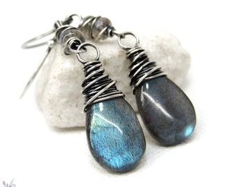 Labradorite Earrings, Sterling Silver Dangle Earrings, Gemstone Teal Blue Labradorite Earrings, Wire Wrapped Silver Labradorite Jewelry Gift