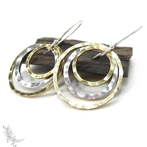 Mixed Metal Brass & Sterling Silver Earrings, Hammered Silver Circle Dangle Earrings, Upcycled Silver and Gold Geometric Minimalist Jewelry