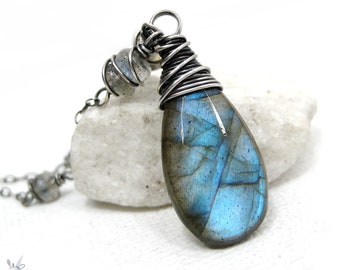 Labradorite Necklace, Sterling Silver Labradorite Pendant, Teal Blue Labradorite Gemstone, Wire Wrapped Fine Silver Labradorite Jewelry Gift