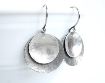 Mixed Metal Sterling Silver Earrings, Two Tone Silver, Hand Hammered Upcycled Metal Dangle Earrings, Minimalist Moon Lunar Eclipse Jewelry
