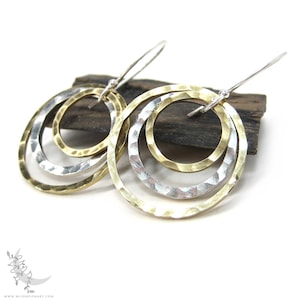 Mixed Metal Brass & Sterling Silver Earrings · Hammered Circle Dangle Earrings · Upcycled Minimalist Geometric Jewelry