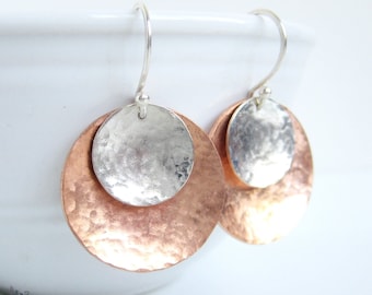 Mixed Metal Raw Copper & Sterling Silver Earrings, Large Hand Hammered Upcycled Metal Dangle Earrings, Round Boho Minimalist Copper Jewelry