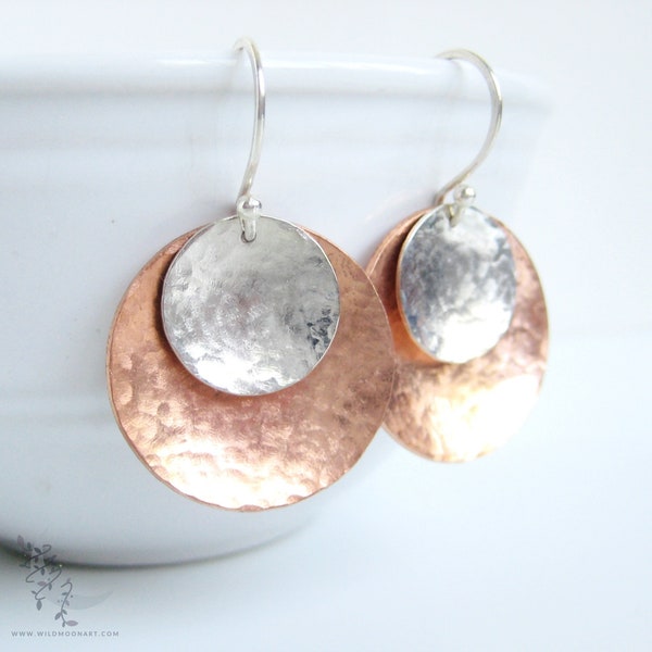 Mixed Metal Raw Copper & Sterling Silver Earrings, Large Hand Hammered Upcycled Metal Dangle Earrings, Round Boho Minimalist Copper Jewelry
