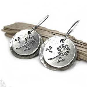 Silver Dandelion Earrings, Hand Hammered Sterling Silver Rustic Flower Dangle Earrings, Upcycled Metal Minimalist Earrings Boho Jewelry Gift