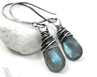 Labradorite Earrings, Sterling Silver Dangle Earrings, Petite Faceted Teal Blue Labradorite Earrings, Wire Wrapped Labradorite Jewelry Gift