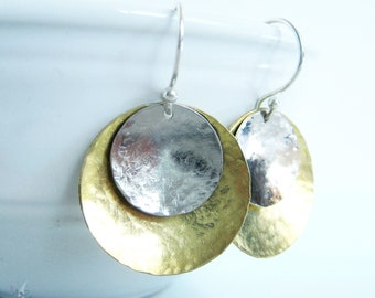 Mixed Metal Raw Brass & Sterling Silver Earrings, Large Hand Hammered Upcycled Metal Dangle Earrings, Gold Silver Boho Minimalist Jewelry