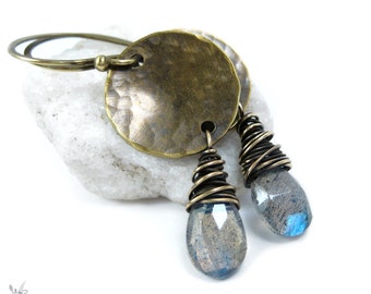 Labradorite Dangle Earrings, Wire Wrapped Brass Hand Hammered Disc Coin Drop Earrings, Genuine Gemstone Jewelry