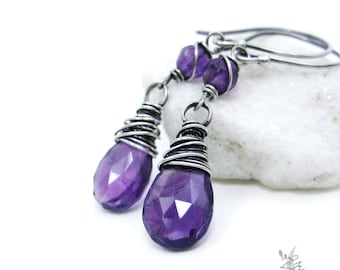 Purple Amethyst Earrings, Sterling Silver Dangle Earrings, February Birthday Birthstone Wire Wrapped Gemstone Jewelry