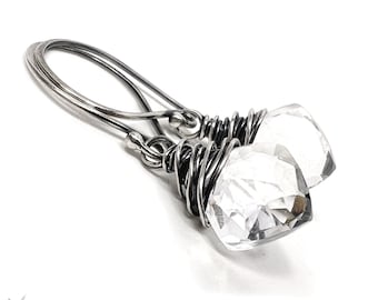 Rock Crystal Quartz Earrings, Sterling Silver Dangle Earrings, Diamond Cut Genuine Gemstone, April Birthday Birthstone Jewelry Gift for Her