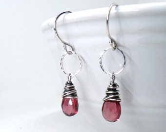 Garnet Earrings, Sterling Silver Dangle Earrings, Petite January Birthday Birthstone Jewelry, Wire Wrapped Wine Red Gemstone Earrings