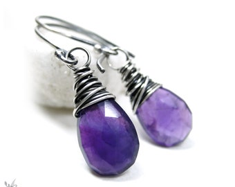 Amethyst Earrings, Sterling Silver Dangle Earrings, February Birthday Birthstone Jewelry, Purple Amethyst Petite Wire Wrapped Gemstones