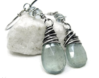 Moss Aquamarine Earrings, Sterling Silver Dangle Earrings, March Birthday Birthstone Jewelry, Genuine Aquamarine Gemstone Earrings Gift