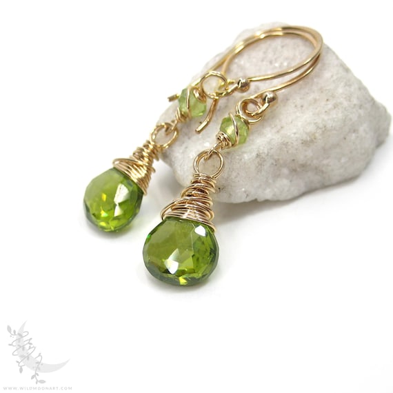 Peridot & Gold Earrings, Dainty 14k Gold Filled Peridot Dangle Earrings, August Birthday Birthstone Jewelry, Goldfill Petite Peridot Gift