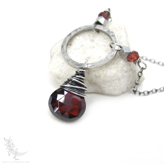 Garnet Necklace, Sterling Silver Red Garnet Pendant, Hand Hammered Silver January Birthday Birthstone Jewelry, Wine Burgundy Garnet Gemstone