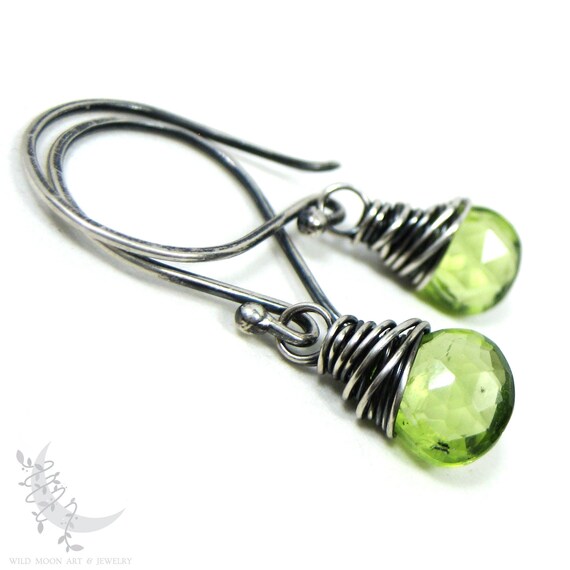 Dainty Peridot Earrings, Sterling Silver Dangle Earrings, Wire Wrapped Genuine Gemstone Peridot Earrings, August Birthday Birthstone Jewelry