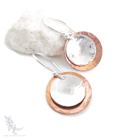 Mixed Metal Copper & Sterling Silver Earrings, Small Hammered Upcycled Metal Silver and Copper Dangle Earrings, Boho Minimalist Jewelry Gift