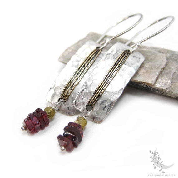 Garnet Earrings, Hammered Sterling Silver Dangle Earrings, Mixed Metal Brass Gold & Silver Rectangle Geometric Jewelry, January Birthstone