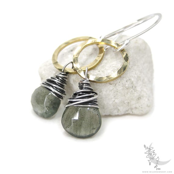 Moss Aquamarine Earrings, Mixed Metal Hammered Sterling Silver & Gold Brass Dangle Earrings, Pale Green Aquamarine March Birthstone Jewelry