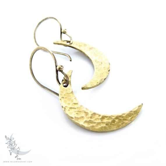 Moon Earrings, Raw Brass Hammered Crescent Moon Dangle Earrings, Lunar Minimalist Boho Celestial Eclipse Earrings, Gold Moon Jewelry