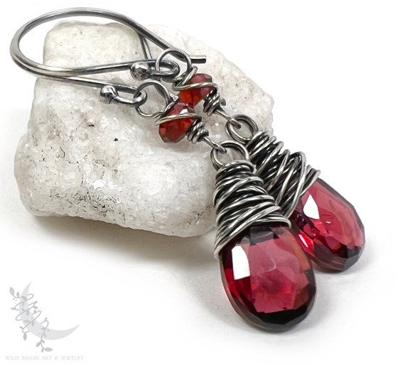 Garnet Sterling Silver Dangle Earrings, Wine Red Petite Genuine Garnet Gemstone Earrings, Wire Wrapped January Birthday Birthstone Jewelry