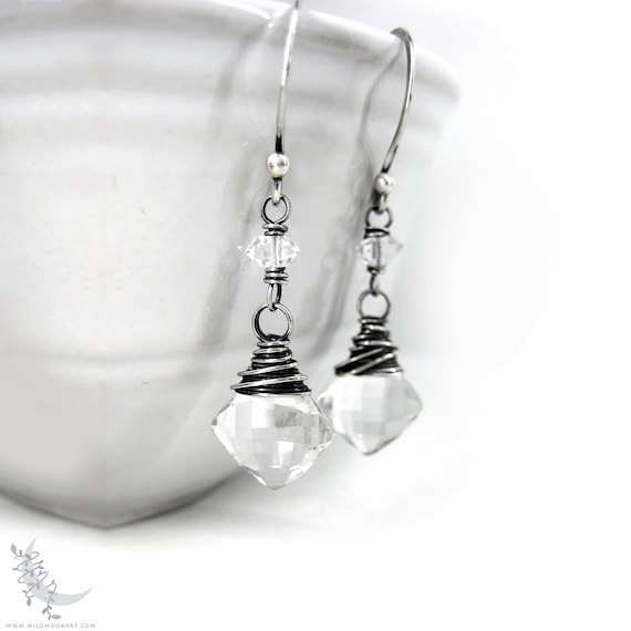 Quartz Herkimer Diamond Earrings, Sterling Silver Dangle Earrings, Rock Crystal Quartz Genuine Gemstone, April Birthday Birthstone Jewelry