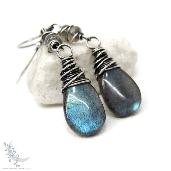 Labradorite Earrings, Sterling Silver Dangle Earrings, Teal Blue Labradorite Gemstone Earrings, Wire Wrapped Silver Labradorite Jewelry Gift
