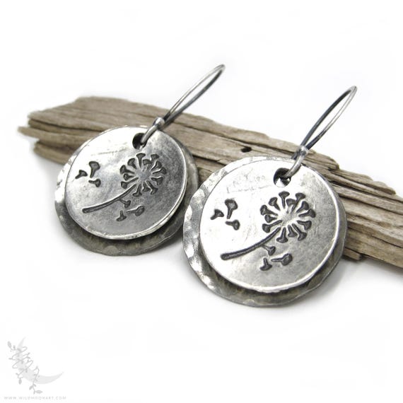 Silver Dandelion Earrings, Hand Hammered Sterling Silver Rustic Flower Dangle Earrings, Upcycled Metal Minimalist Earrings Boho Jewelry Gift