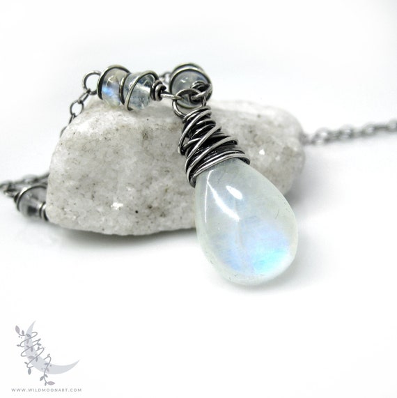 Moonstone Necklace, Sterling Silver Rainbow Moonstone Pendant, June Birthday Birthstone Jewelry, Wire Wrapped Blue Moon Stone Jewelry  Gift