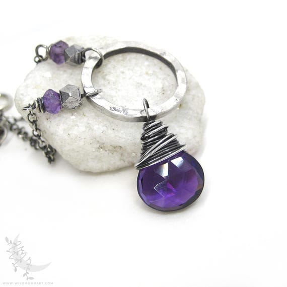 Amethyst Necklace, Sterling Silver Amethyst Pendant, Hand Hammered Silver, February Birthday Birthstone Jewelry, Purple Amethyst Gemstone