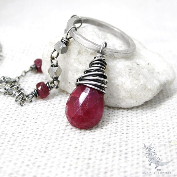 Ruby Necklace, Sterling Silver Genuine Ruby Pendant, Hammered Silver Wire Wrapped July Birthstone Birthday Jewelry, Minimalist Red Ruby Gift